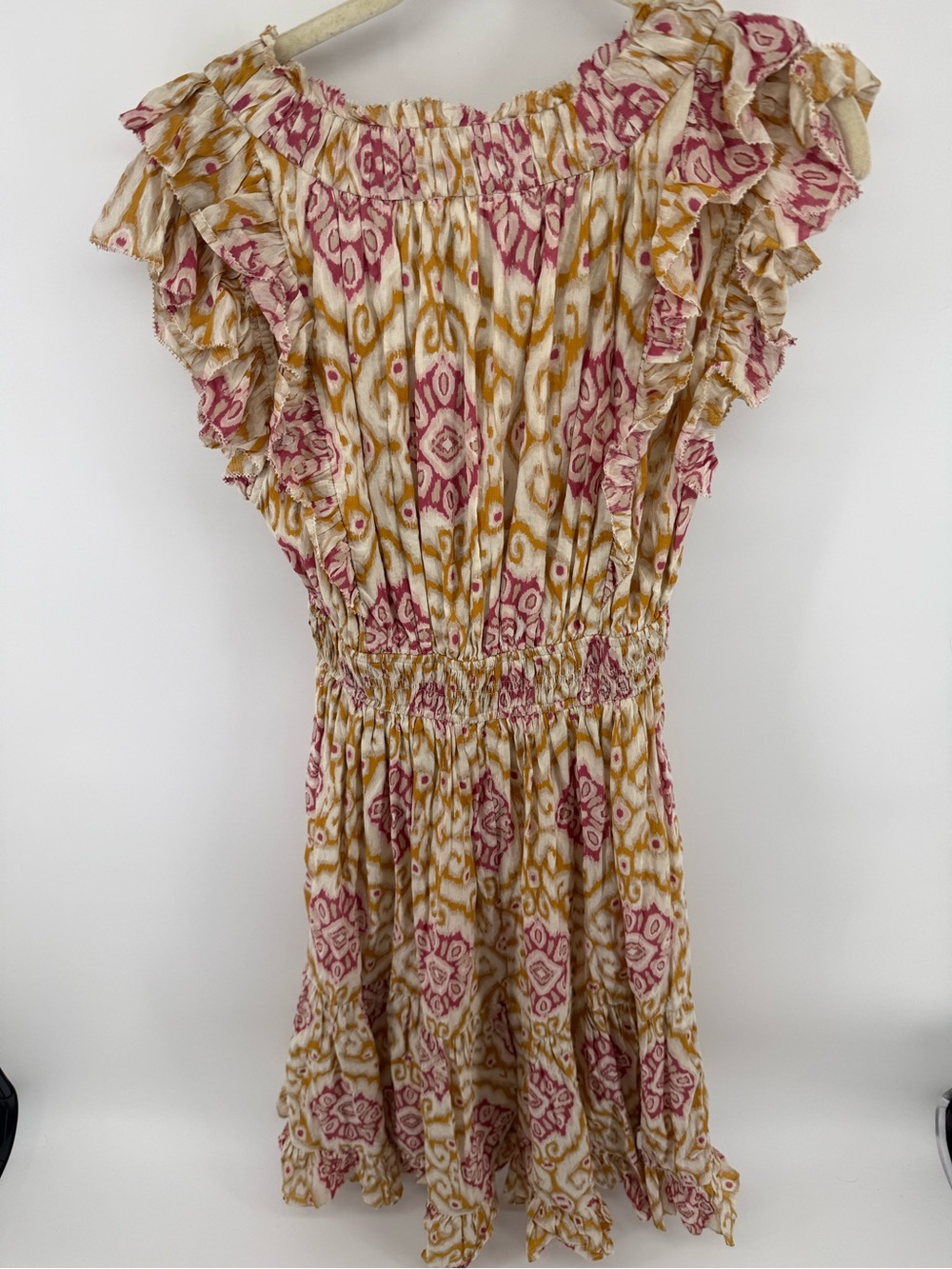 Elan Melrose Pink Gold Ikat Ruffle Smocked Tiered Midi Dress M - Picture 5 of 6